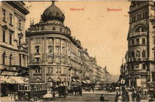 1910 Budapest VIII. Rákóczi út, Blaha Lujza tér, villamosok, Kartschmaroff Drogéria, Pesti Hazai Első Takarékpénztár (fl)