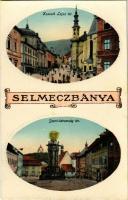 1916 Selmecbánya, Schemnitz, Banská Stiavnica; Kossuth Lajos és Szentháromság tér. Ungár Zsigmond kiadása / squares, Trinity statue