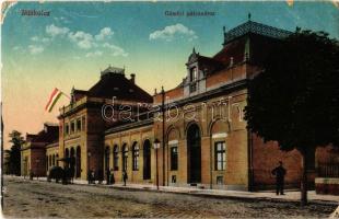 1918 Miskolc, Gömöri pályaudvar, vasútállomás, magyar zászló. 46. sz. - 1915. Vasúti Levelezőlapárusítás  (EK)