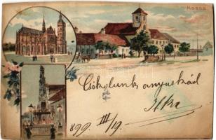 Kassa, Kosice; Dóm, Szentháromság szobor, utca / cathedral, Trinity state, street. Vidéki Félix Art Nouveau, floral, litho (vágott / cut)