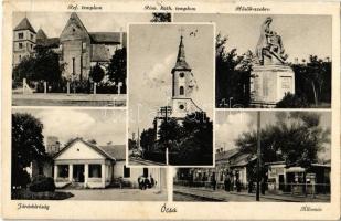 1940 Ócsa, Református és római katolikus templom, Hősök szobra, Járásbíróság, vasútállomás. Muzsay Istvánné állomástőzsde kiadása