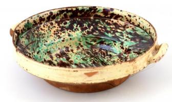 XIX. sz. vége: Füles tál. Mázas cserép, kézzel festett, kopott. d: 30  cm