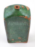 1867 Pálinkás butéla. Mázas cserép, felirattal, sérült. m: 18 cm