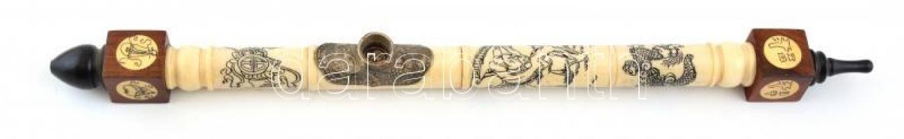 XIX. sz. vége, Kína: Ópiumpipa. Figurális faragványokkal díszített csont, fa, poncolt ezüst rátéttel. / Chinese opium pipe. Ebony, wood and silver. 43 cm