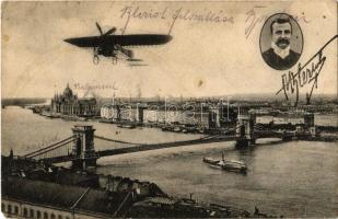 1909 Budapest, Bleriot repülőgépe a Lánchíd felett (EK)