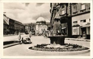 Pécs, Széchenyi tér, Temesvári K. üzlete, Dermata, villamos, Gázi Kászim pasa dzsámija