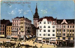 Brno, Brünn; Krautmarkt gegen das Rathaus / market, town hall, shops of Fr. Dohnalek, Josef Kohn, savings bank (EK)