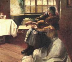 cca. 1900-1920 Olvashatatlan jelzéssel: Enteriőr hölgyekkel. Olaj, vászon, sérült (festékhiánnyal), ...