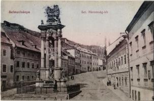 Selmecbánya, Schemnitz, Banská Stiavnica; Szentháromság tér és szobor, kávéház / Trinity square and statue, cafe shop