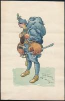 1915 Emil Novák (?-?): Katona karikatúra, akvarell-tus, papír, jelzett, dátumozva (1/IX. 1915.), 29x19 cm