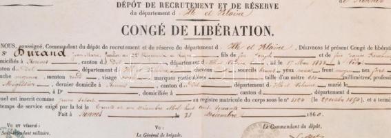 1822-1860 2 db francia katonai elbocsátó, papír, kopott, foltos 25x41 és 36,5x47