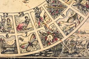 cca 1860-90 Jeu de l'oie francia nyelvű lúd társasjáték tábla, karton, kopott, foltos 40x53,5