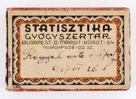 1937 Stastisztika gyógyszertát Bp. II. Margit krt pirulás dobozka