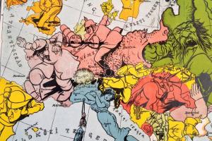 1914 A háborús Európa térkép-karikatúrája 1914, rajzolta Varga Imre, kiadja: Zeizler Sándor, Bp., Ro...