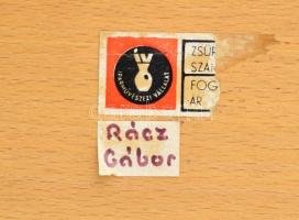 Rácz Gábor (?-): Kompozíció. Tűzzománc, réz, fa alapon, 30×15 cm