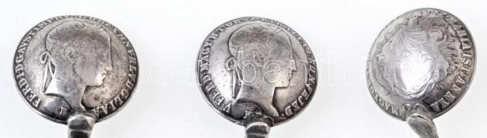 Három darab 20kr Ag érme kanállá alakítva, egyik szára is jelzett Ag 1843B, 1848KB évszámokkal