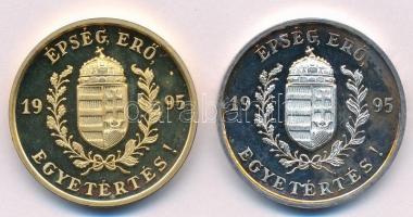 1995. "Épség, Erő, Egyetértés! / UTE (Újpesti Torna Egylet) 1885" (2x) aranyozott és ezüstözött fém emlékérem pár (32mm) T:1 (eredetileg PP) az ezüstözöttön patina