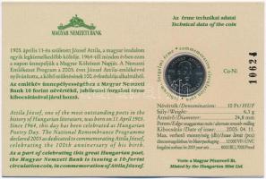 2005. 10Ft Cu-Ni "József Attila" sorszámozott emléklapon, részben átfestett "10624&qu...