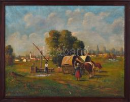 Szórády jelzéssel: Táj gémeskúttal és lovakkal, olaj, karton, enyhén sérült, fa keretben, 58,5x77 cm