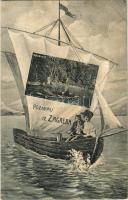 Zagreb, Zágráb; Maksimir. Montázslap vitorlás csónakkal / Montage with sailing boat. Lederer & Popper 853.