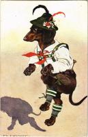 1911 Tacskó tiroli népviseletben / Dachshund dog in Tyrolean folk costume. A.C. No. 4055. s: H. Hanke (EB)