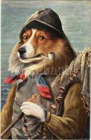 Humoristische Hunde. Collie als Holländer Fischer / A Collie dog in as a Dutch fisherman. Serie 2047/5. 6. Dess. s: Schröpler (r)