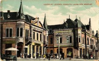 1916 Léva, Levice; Kossuth Lajos tér, Központi kávéház, Róth K. üzlete / square, café, shops (EB)