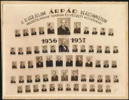 1937 Budapest, III. kerületi Állami Árpád Reálgimnázium tanárai és végzett növendékei, kistabló nevesített portrékkal, 17x22,2 cm