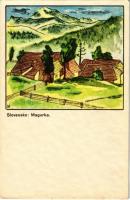 Magurka, Németlipcse-Magurka, Partizánska Lupca (Alacsony-Tátra, Nízke Tatry); falu, művészlap / village, huts, art postcard s: M. N. Vidmar