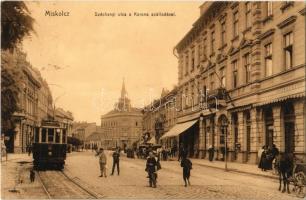 1912 Miskolc, Széchenyi utca, Korona szálloda, villamos, gyógyszertár