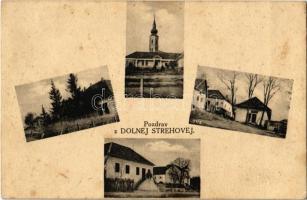 1931 Alsósztregova, Dolná Strehová; Evangélikus templom, Fő utca, üzlet. Jozef Leichtag kiadása / Lutheran church, main street, shop (fl)