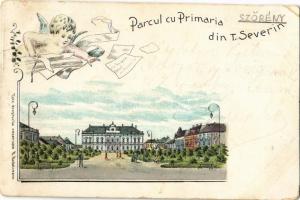 1903 Turnu Severin, Szörényvár; Parcul cu Primaria / town hall and park. M. Nedelceann Art Nouveau, litho (Rb)