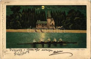 1899 Pozsony, Pressburg, Bratislava; hajós egylet este. Regel & Krug No. 1926. / rowing club at night. Art Nouveau, litho (EK)