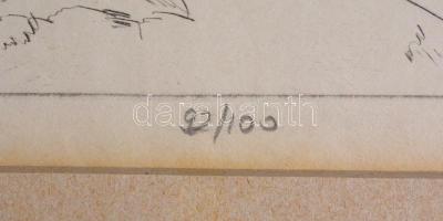 Borsos Miklós (1906-1990): Ikarusz. Rézkarc, papír, jelzett, számozott (92/100), üvegezett fa keretb...