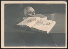 cca 1933 Pöltinger Gusztáv (?-?) soproni fotóművész hagyatékából jelzés nélküli, vintage fotóművészeti alkotás (A koponya tanulmányozása), 6,4x8,9 cm