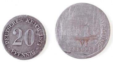 Német Államok / Württemberg 1814. 6kr Ag "I. Frigyes" (1,89g) + Német Birodalom 1874G 20pf...