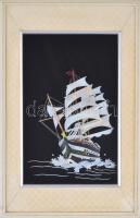 Vitorlás fali kép, részben gyöngyház anyagból, üvegezett keretben, 33x21 cm