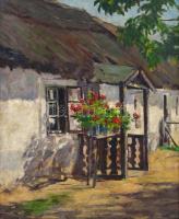 Kóbor Henrik (1885-1964): Muskátlis udvar. Olaj, vászon. Jelzés nélkül, fa keretben, 60x50 cm