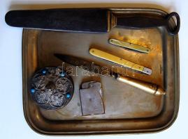 Vegyes bolhapiac tétel: Alpakka tálca, öngyújtó,  2db bicska, fenőkés, papírvágó kés