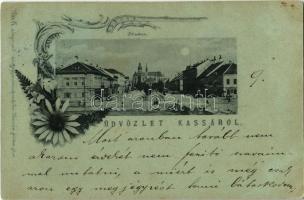 1899 Kassa, Kosice; Fő utca, piac, székesegyház, Adriányi üzlete / main street, market, cathedral, shops. Floral
