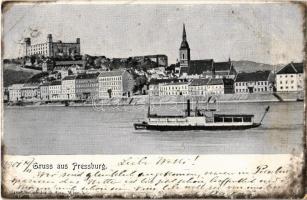 1901 Pozsony, Pressburg, Bratislava; vár, Izabella csavaros átkelő gőzös, gőzhajó. Schneider & Lux 4883. / castle, shuttle boat, steamship