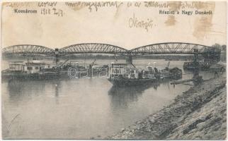 1918 Komárom, Komárno; részlet a Nagy Dunáról, uszályok, híd. Spitzer Sándor kiadása / Danube river bridge, barges (kopott sarkak / worn corners)