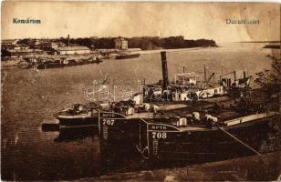 1932 Komárom, Komárno; Duna részlet, uszályok, gőzhajó / Danube river, barges, steamship (b)