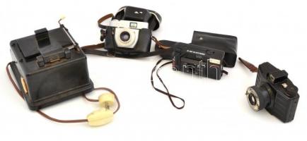 Utitárs kamera B. Achromat objektívvel, Beirette kamera Meritar 2,9-4,5 objektívvel, Prolux analóg gép + Copirex másológép