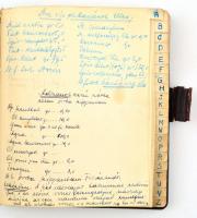 cca 1930-40 Patikus kézírásos könyvecskéje bőr kötésben, különféle szerek (náthaszerek, korpa vízm étvágygerjesztő, csuklás ellen, kézkenőcs, hajhullás ellen, krémek, stb.) leírását, kézi készítését írja le abc sorrendben.