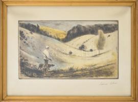 Szőnyi István (1894-1960): Vadász kutyájával, színes rézkarc, papír, üvegezett keretben, 20x34 cm