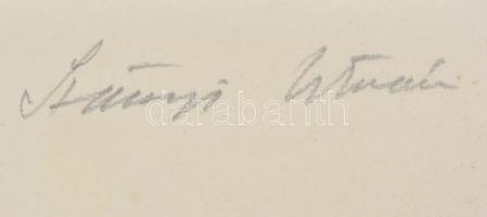 Szőnyi István (1894-1960): Vadász kutyájával, színes rézkarc, papír, üvegezett keretben, 20x34 cm