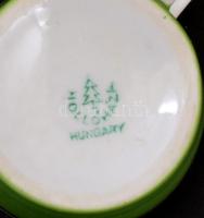 Hollóházi porcelán retró mokkás készlet, matricás, jelzett  klf. színben: 6 csésze aljjal, egyik hib...