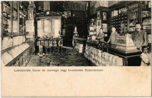 1908 Szászváros, Broos, Orastie; Lobstein-féle fűszer és csemege nagykereskedés, belső. Adler fényirda / shop interior