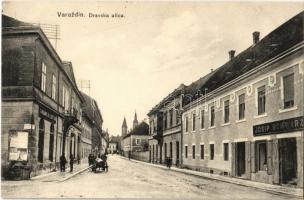 1912 Varasd, Warasdin, Varazdin; Dráva utca, Josip Schwarz és Vjekoslav Leitner üzlete, Bauer Kávéház / Dravska ulica / street, shops, cafe